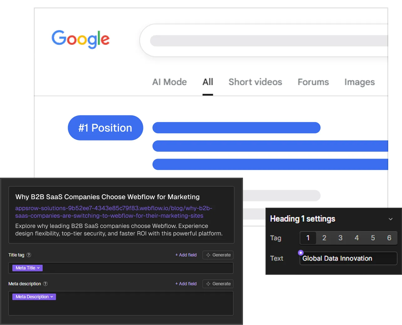 Screen showing Google search with #1 position badge and SEO metadata editor for title and description.