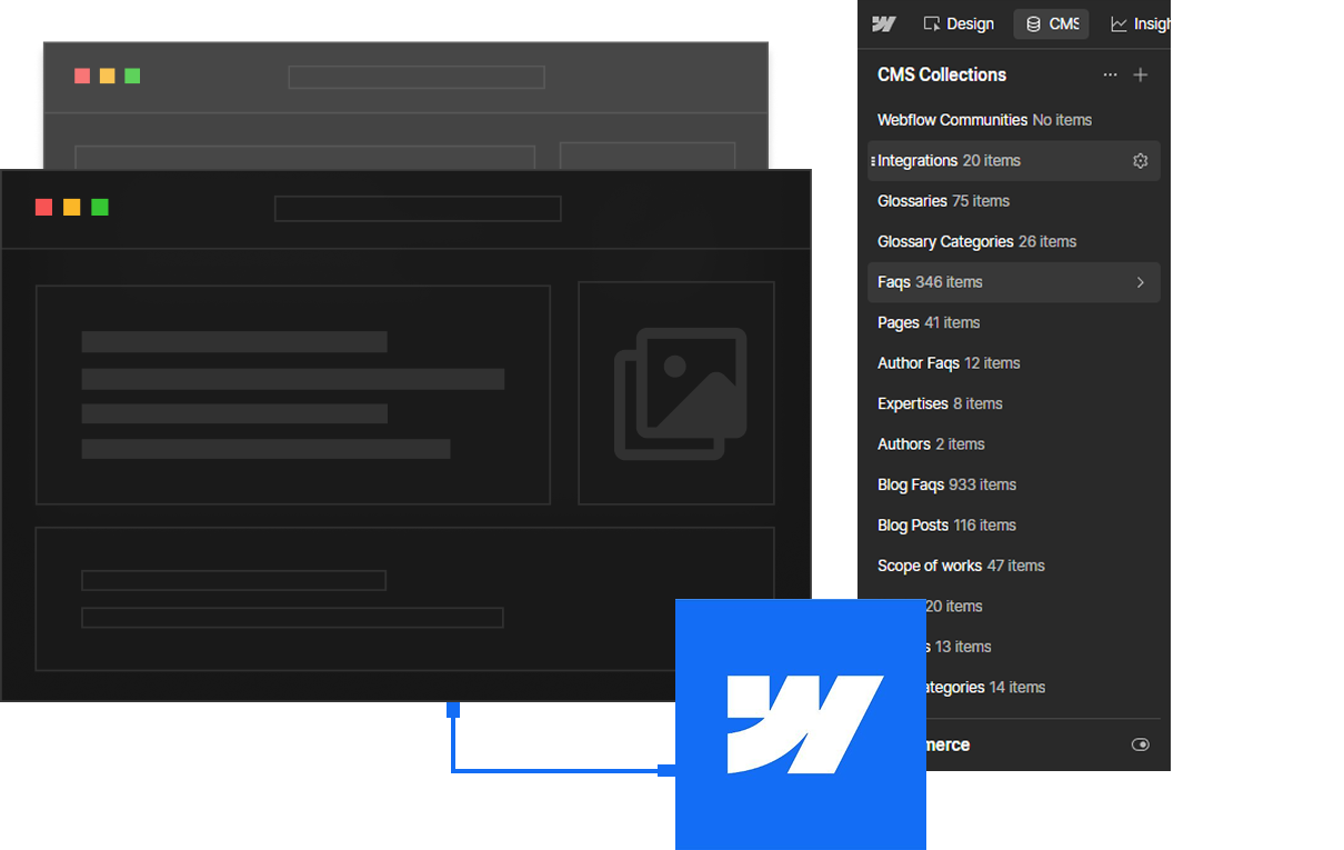 Interface showing CMS Collections with various categories and number of items, plus the Webflow logo.