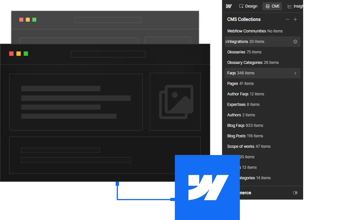 Interface showing CMS Collections with various categories and number of items, plus the Webflow logo.
