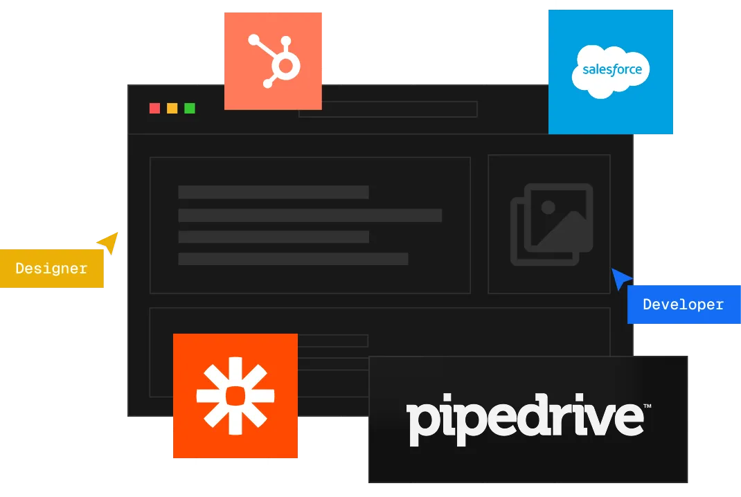 Software interface with logos of HubSpot, Salesforce, Zapier, and Pipedrive labeled for designer and developer roles.
