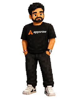 Pixel art man with beard wearing a black appsrow t-shirt, black pants, white sneakers, and watches.