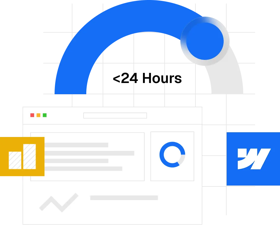 Browser window mockup with grid layout settings and a circular 95% performance chart.