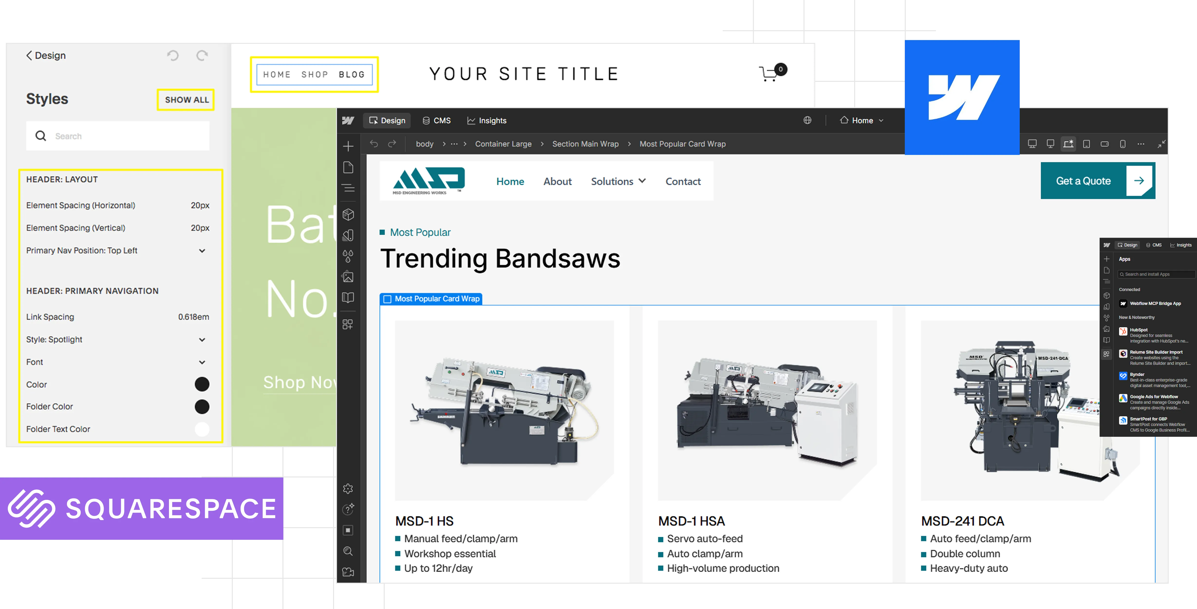 Side-by-side comparison of Squarespace and Webflow design interfaces and a bandsaw product page.