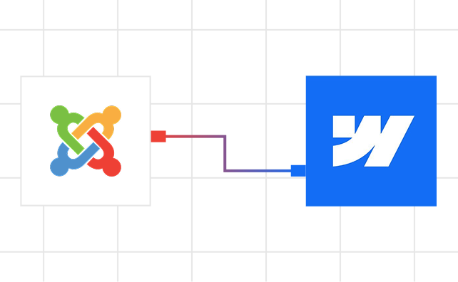 Graphic showing migration from Joomla logo on left to Webflow logo on right with arrow between them.