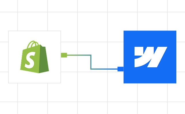 Flow diagram showing Shopify logo connected by arrow pointing to the W logo on blue background.
