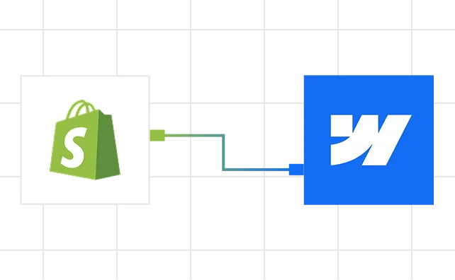 Flow diagram showing Shopify logo connected by arrow pointing to the W logo on blue background.
