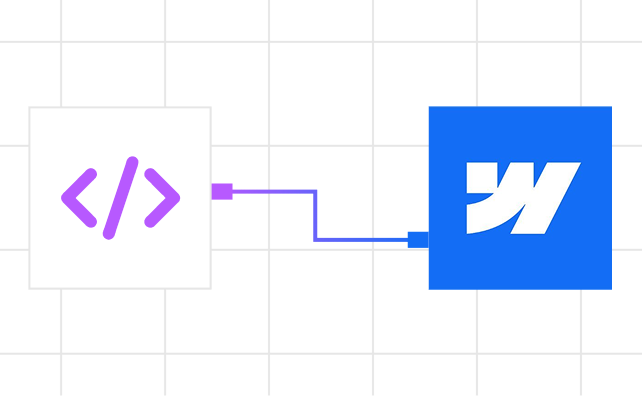 Purple code symbol linked by a purple line to a blue square with a stylized white W logo.