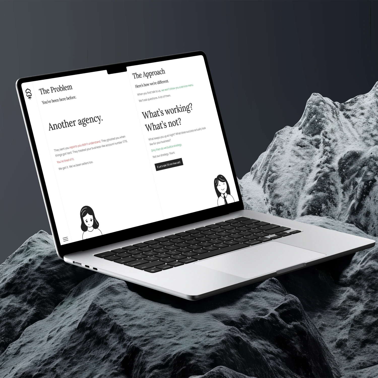 Open laptop on dark textured surface showing web pages titled The Problem and The Approach with text and illustrations.
