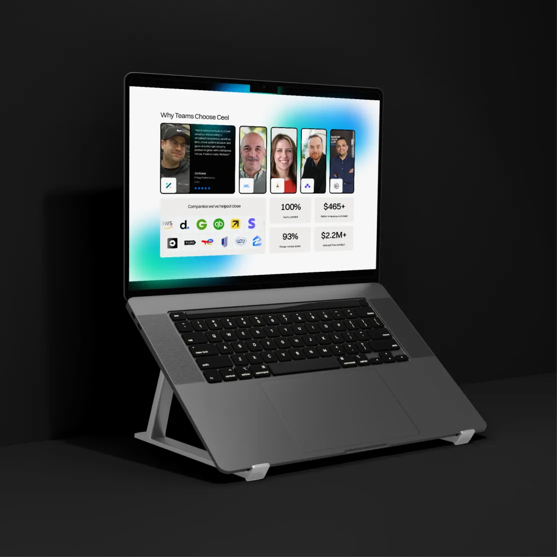 Laptop on stand displaying a webpage with user photos, ratings, and company logos on a dark background.