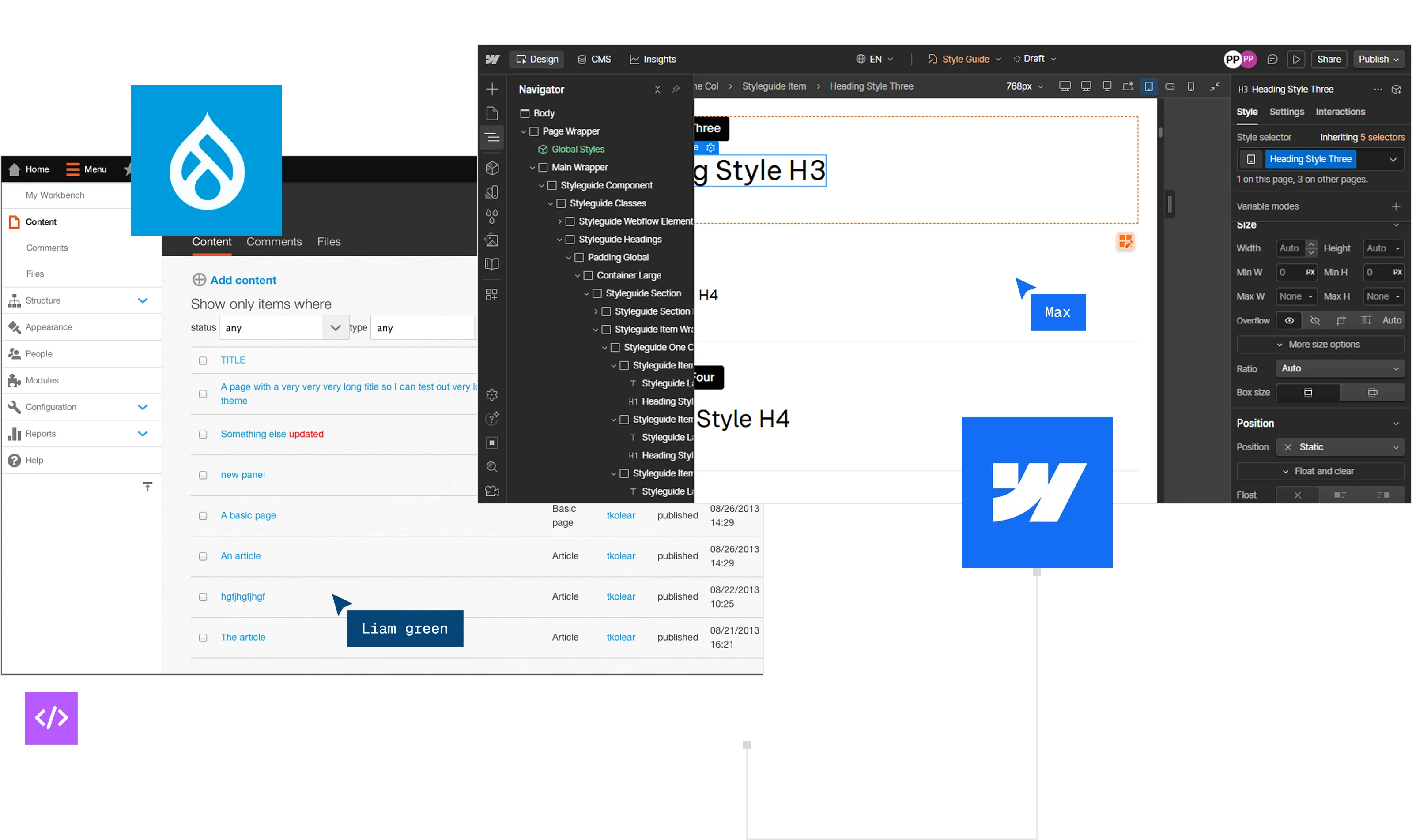 Collage of website design and development tools with WordPress and Webflow logos visible.