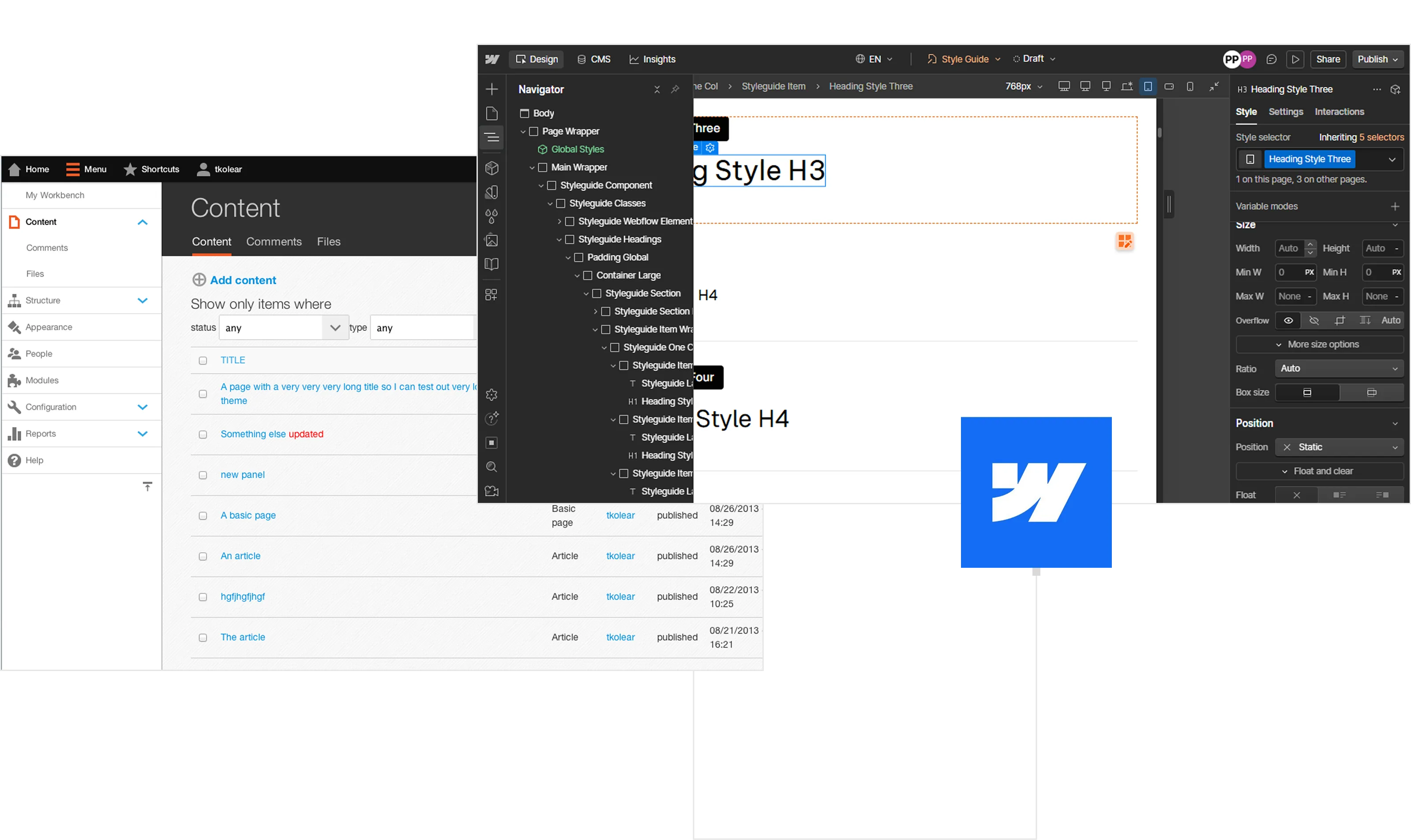 Screenshot of a website builder interface showing widgets, a project page editor, and map settings.