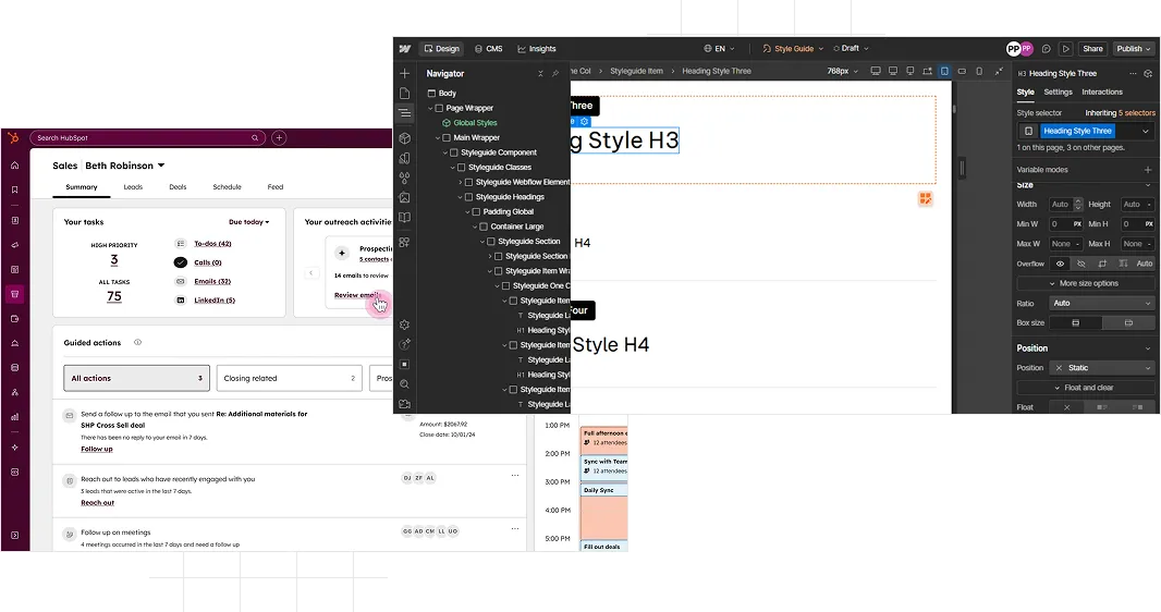 Screenshot of a website builder interface showing widgets, a project page editor, and map settings.