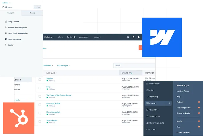 Web code embed editor screenshot with HubSpot, Webflow, Salesforce, and Zapier logos around a browser window.