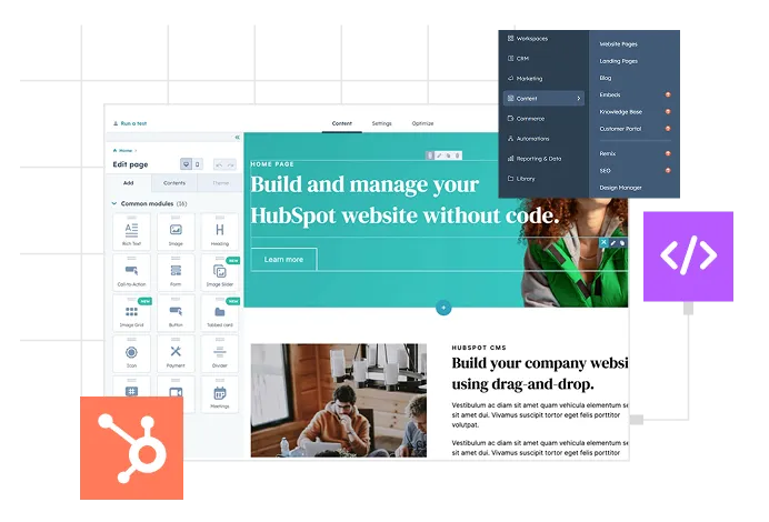 Screenshot of a web design development interface showing code, design previews, and UI component panels.