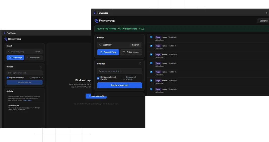 Screenshot of a website builder interface showing widgets, a project page editor, and map settings.
