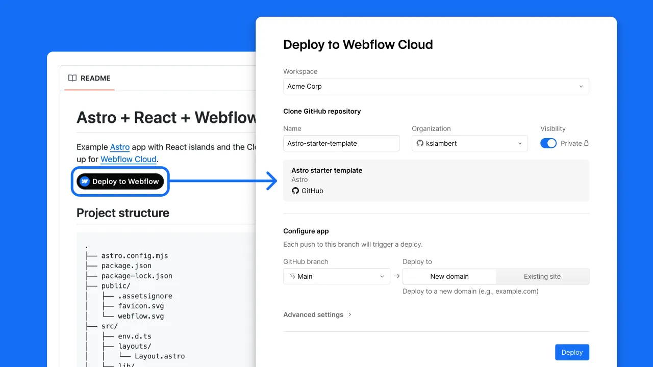No repo yet? Pick a Webflow starter, choose Astro or Next.js, name it, and deploy