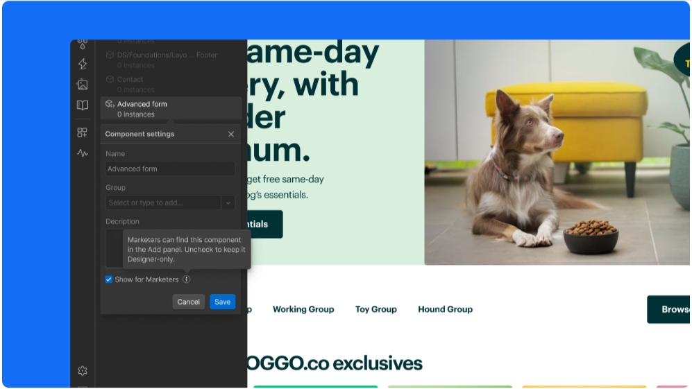 Cluttered Webflow Add panel showing many components visible to all roles before applying visibility controls