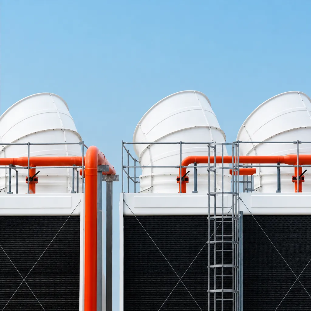 Three large white industrial air ventilation units with orange pipes and a metal ladder on a clear day.