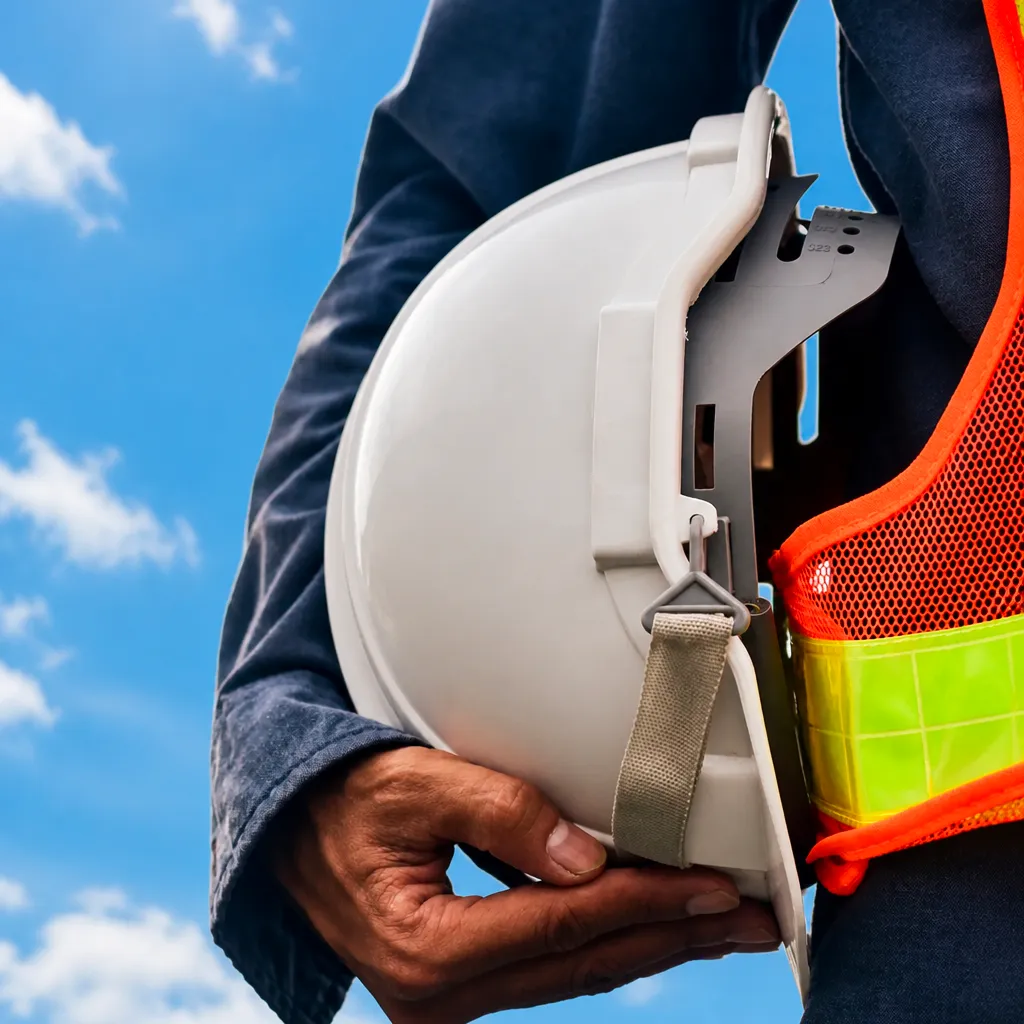 Person holding a white safety helmet against a background of blue sky and clouds.