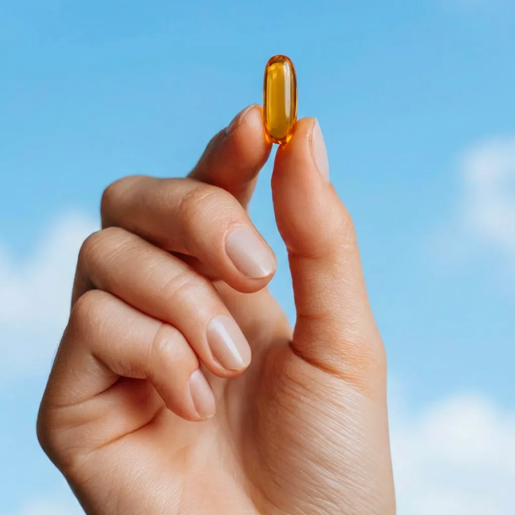 Hand holding a single translucent yellow capsule pill against a blue sky background.
