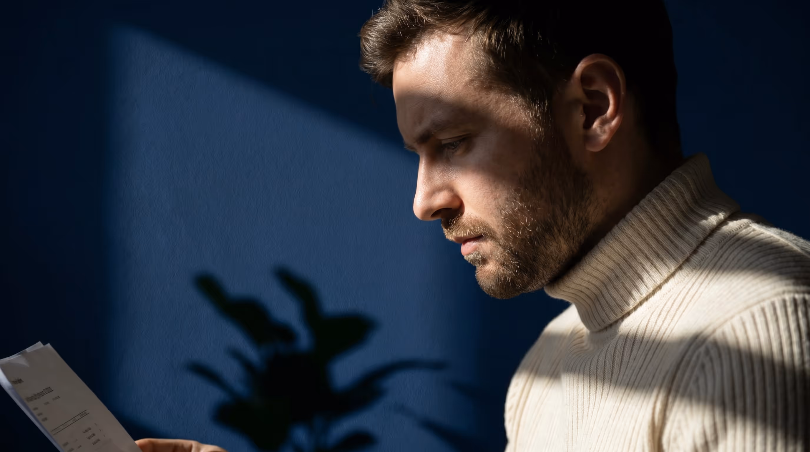 Man in a light sweater reading a document with focused expression against a blue wall with plant shadow.