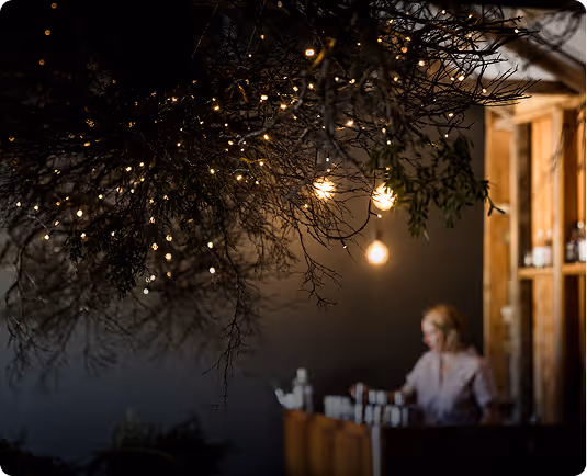 Dimly lit branch with small lights hanging above a blurred person at a wooden counter indoors.