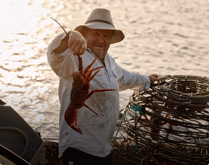 Smiling fisherman holding a large lobster by the water with a lobster trap nearby at sunset.