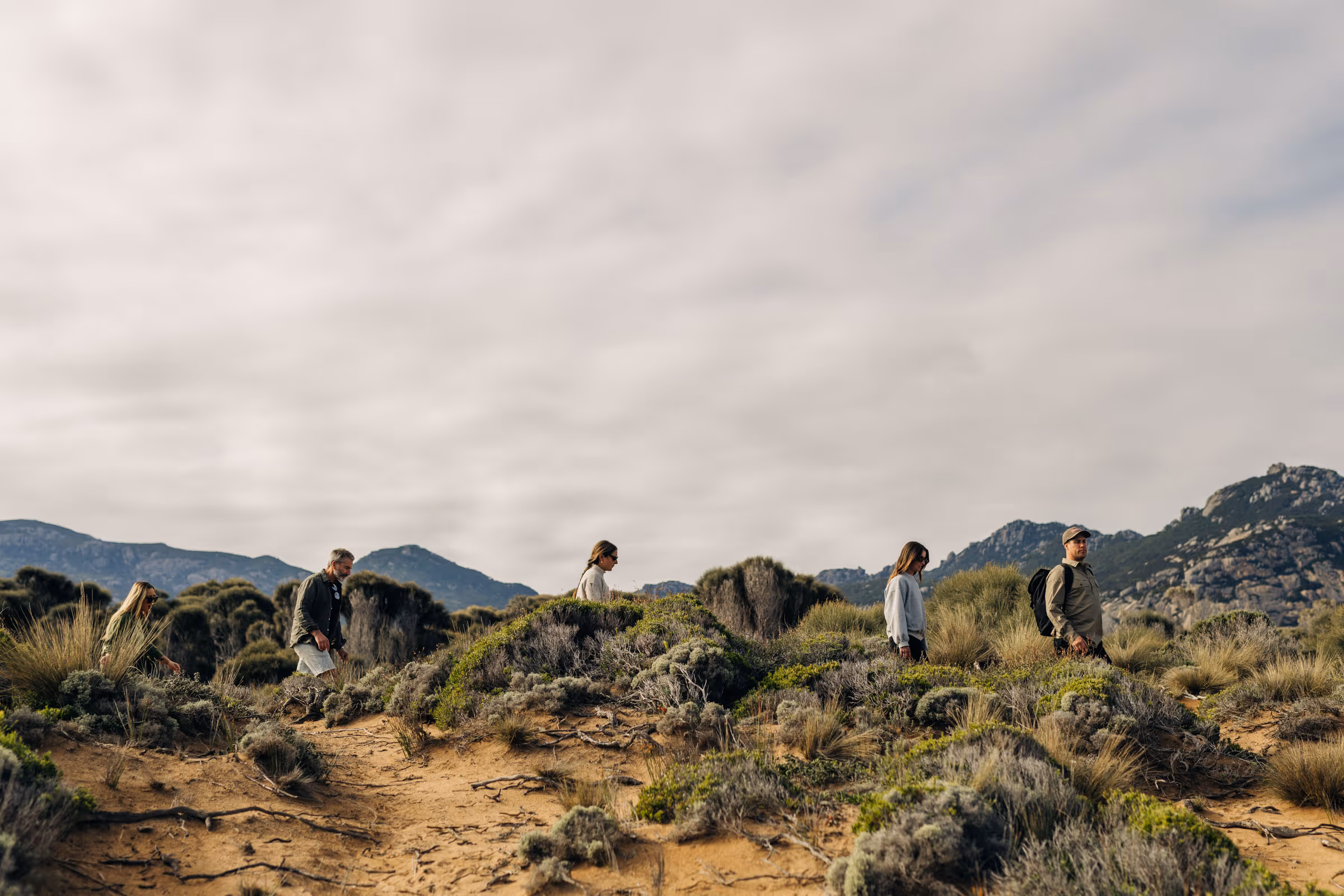 Five hikers walking along a sandy, shrub-filled trail with mountains in the background under a cloudy sky.