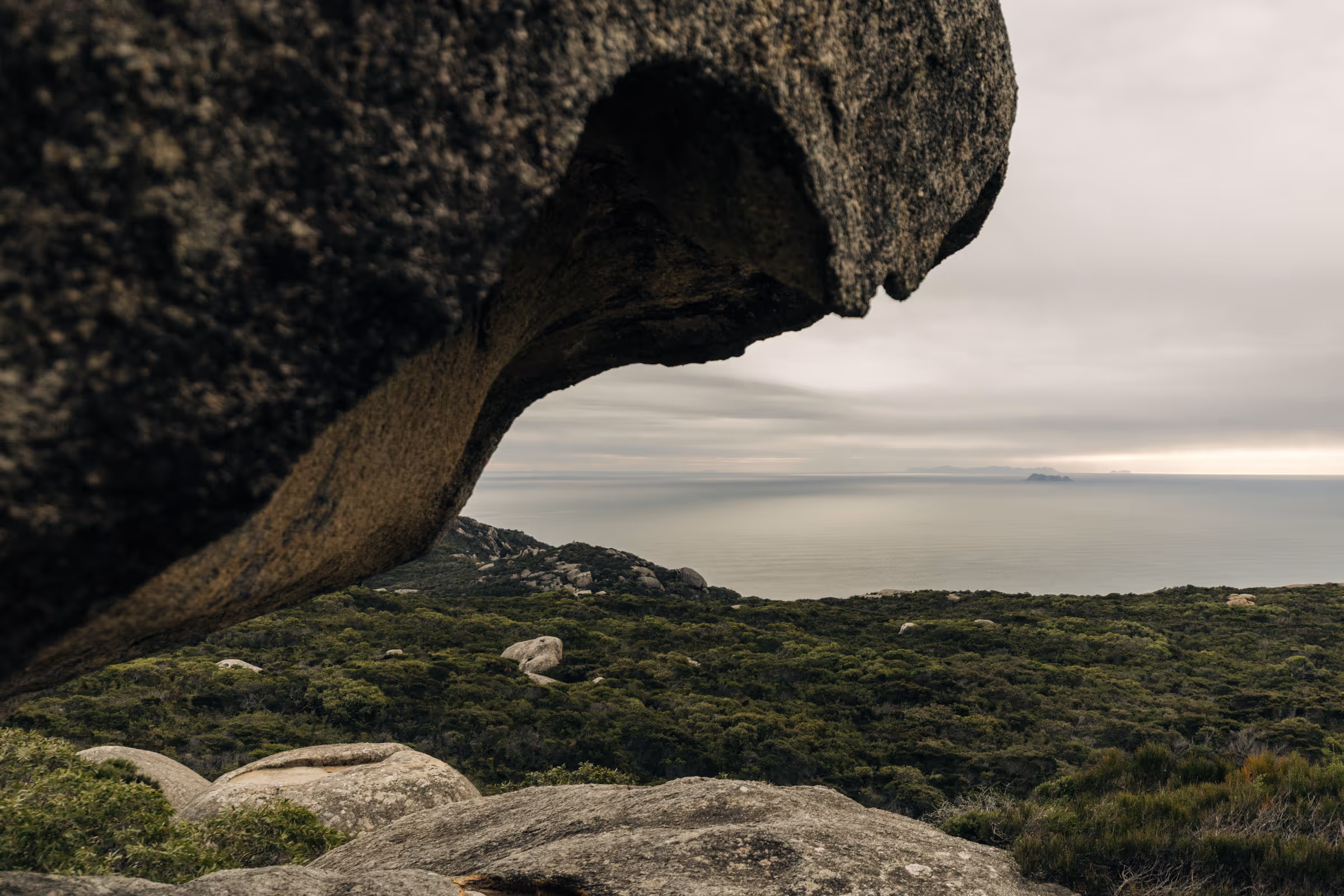 Rock formation overlooking green forest and calm ocean under an overcast sky.
