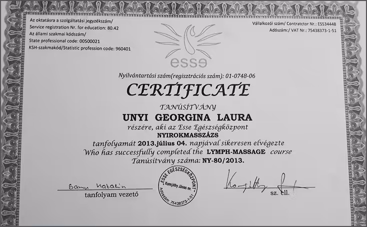Massage certificate for Laura Unyi