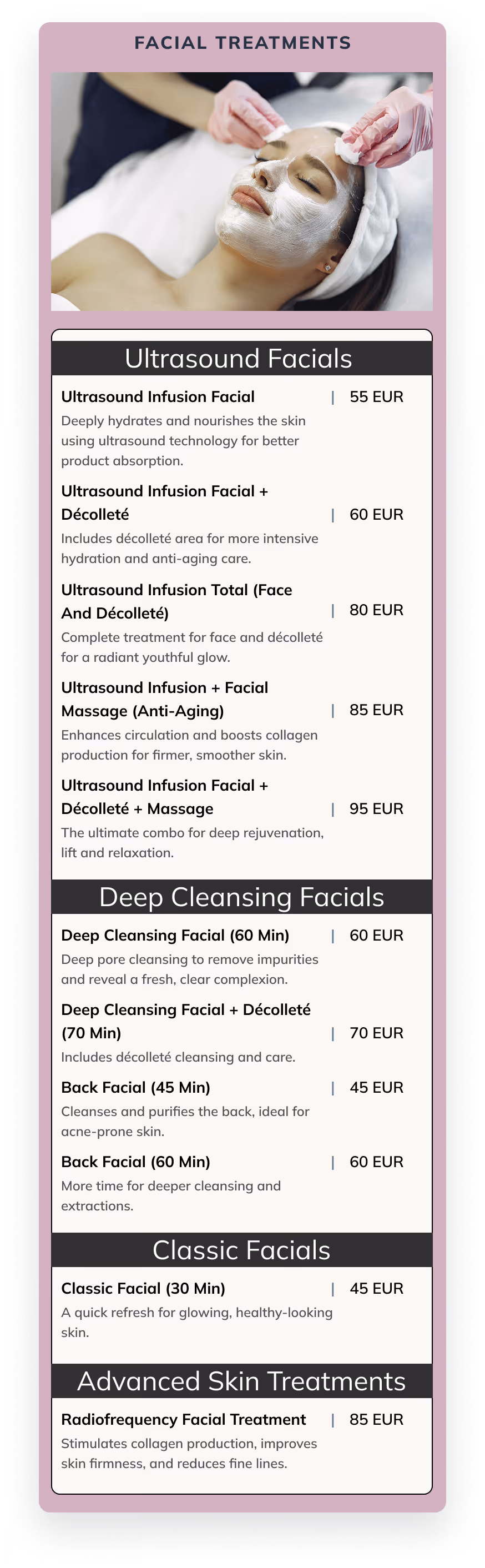 Pricelist of the facial treatments