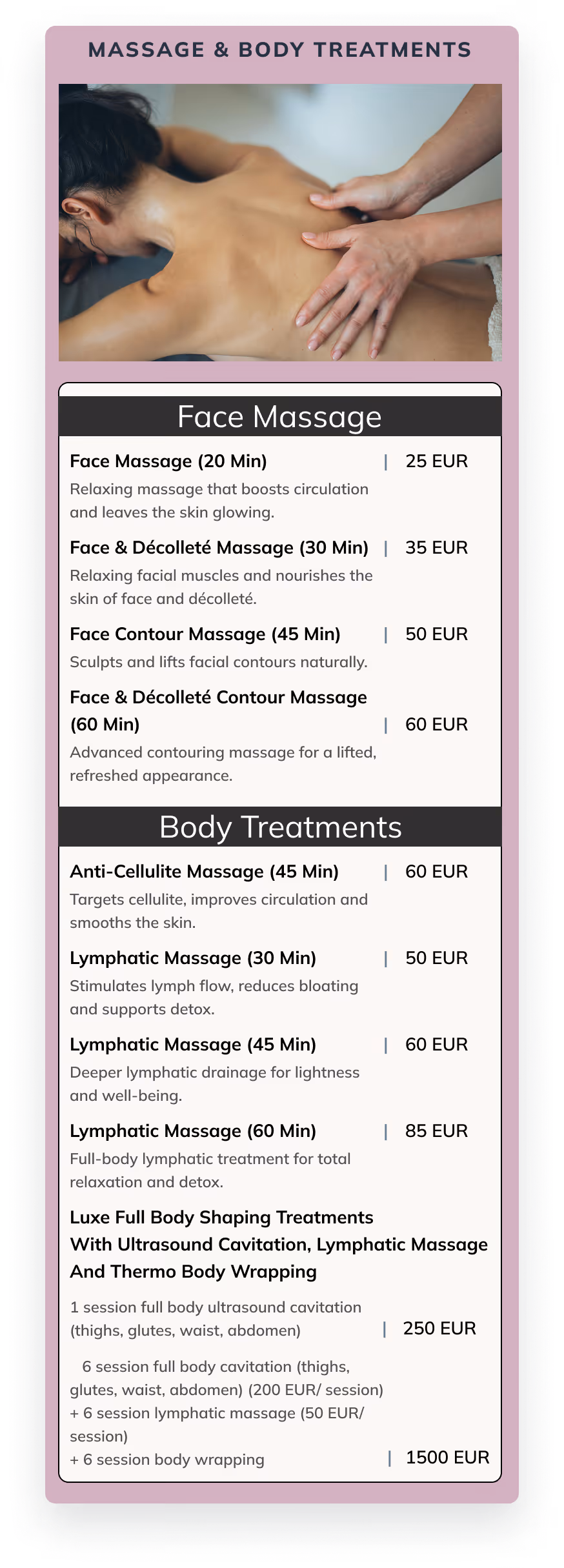 Pricelist of the massage and body treatments