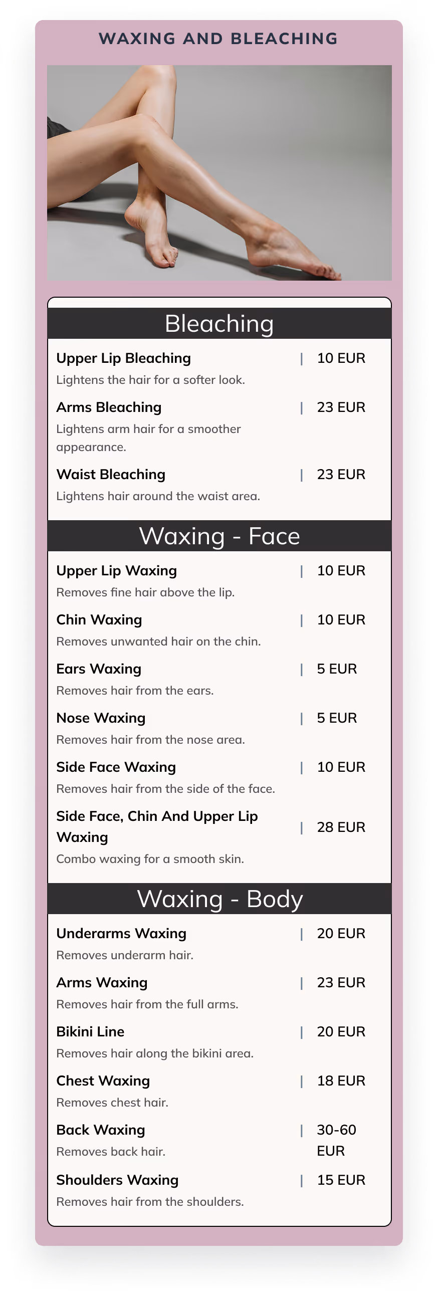 Pricelist of the waxing and bleaching treatments