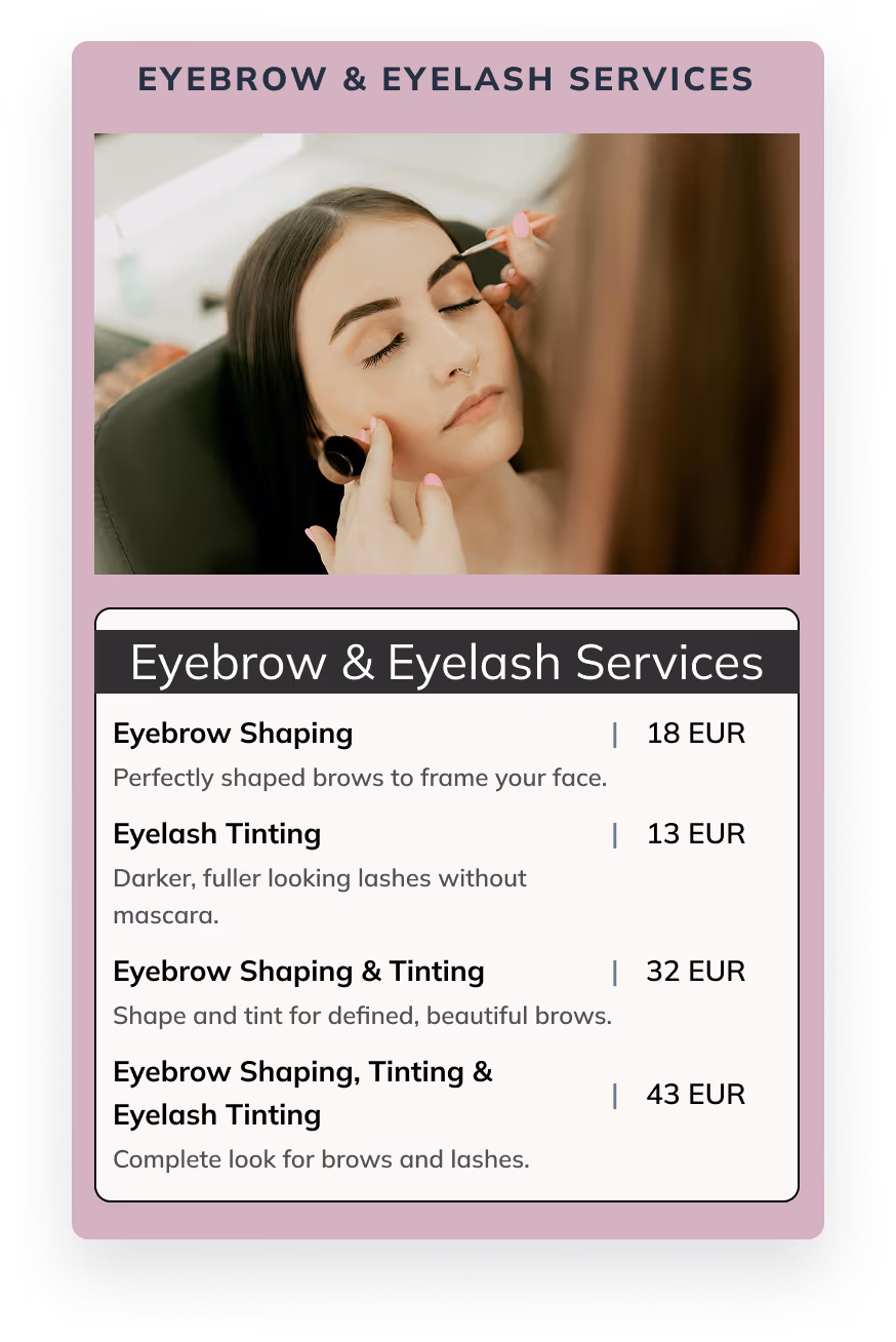 Pricelist of the eyebrow and eyelash services