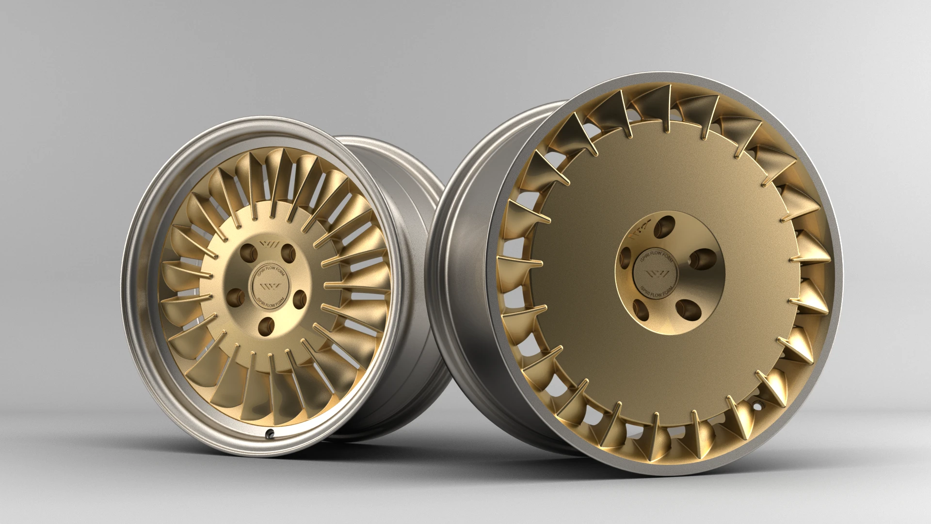 Product visualisation CGI render of a gold alloy wheel set, illustrating Visual Harmony's product visualisation service