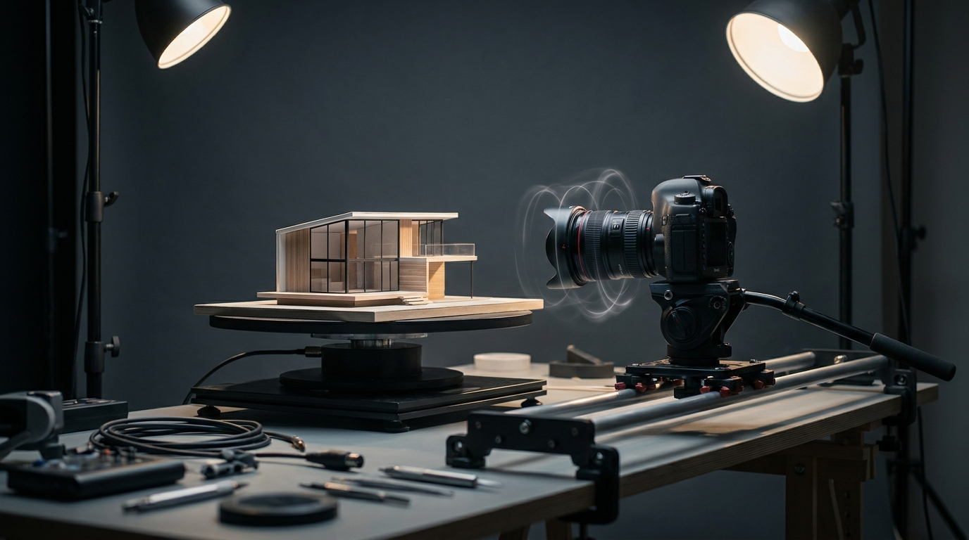 Stop-motion animation production still of an architectural model on a turntable rig being filmed by a camera on a motion-control dolly