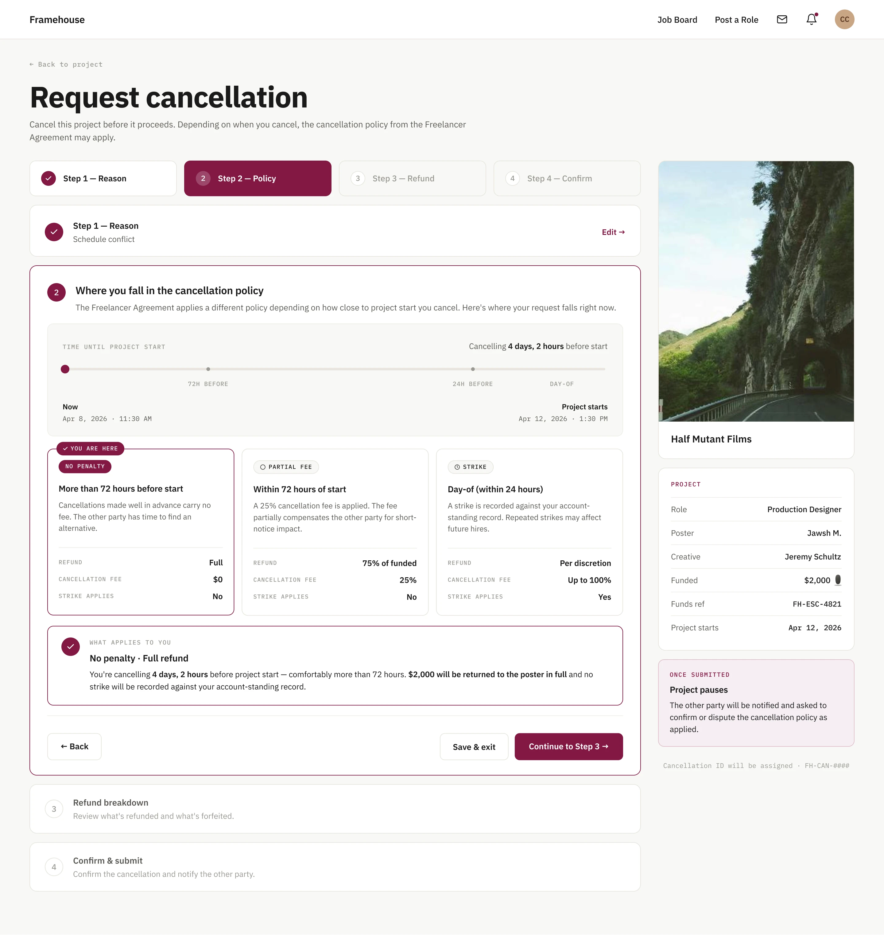 The cancellation policy screen, showing three tiers by notice given with the refund, fee and strike for each