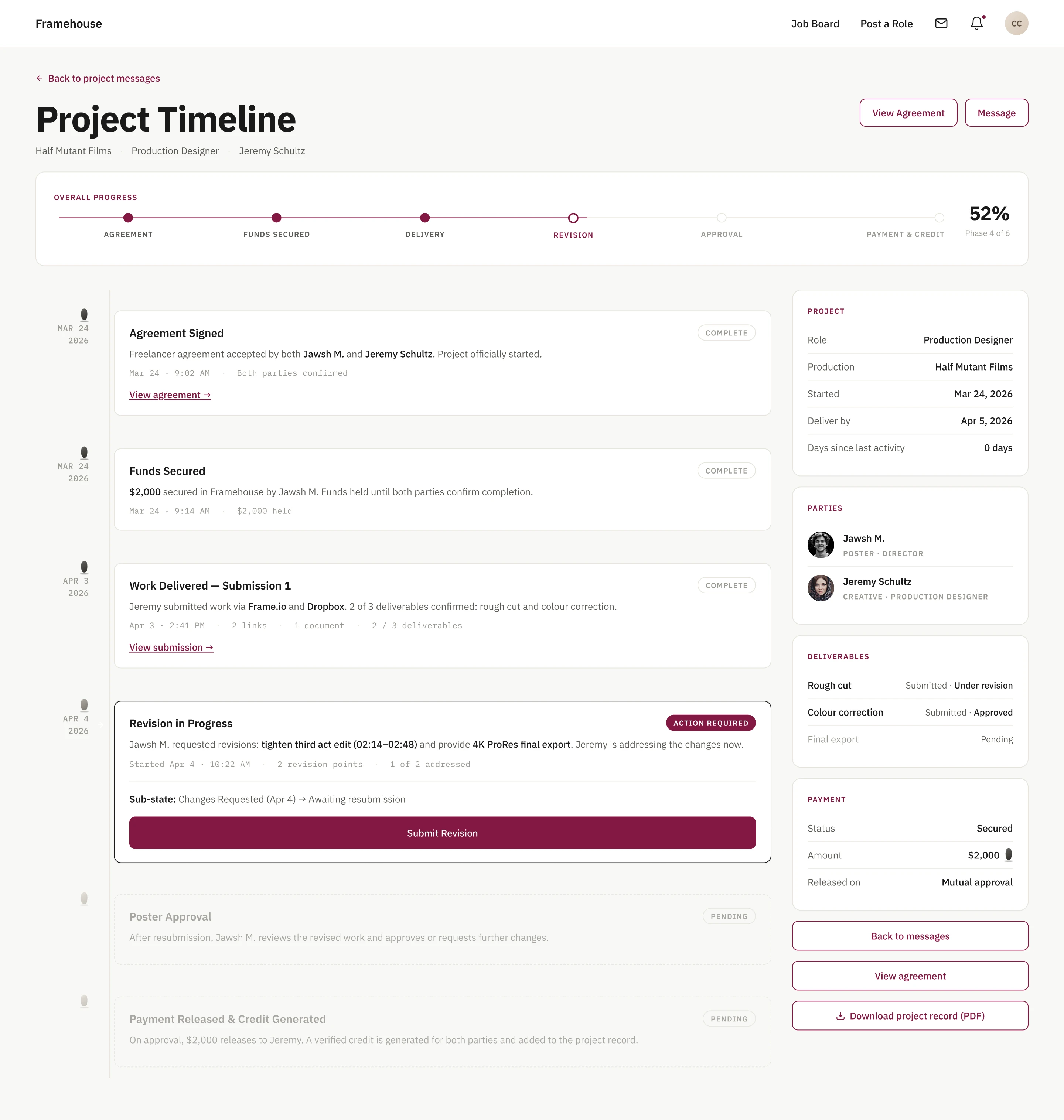The project timeline, showing each stage of a hire with dates and deliverable status