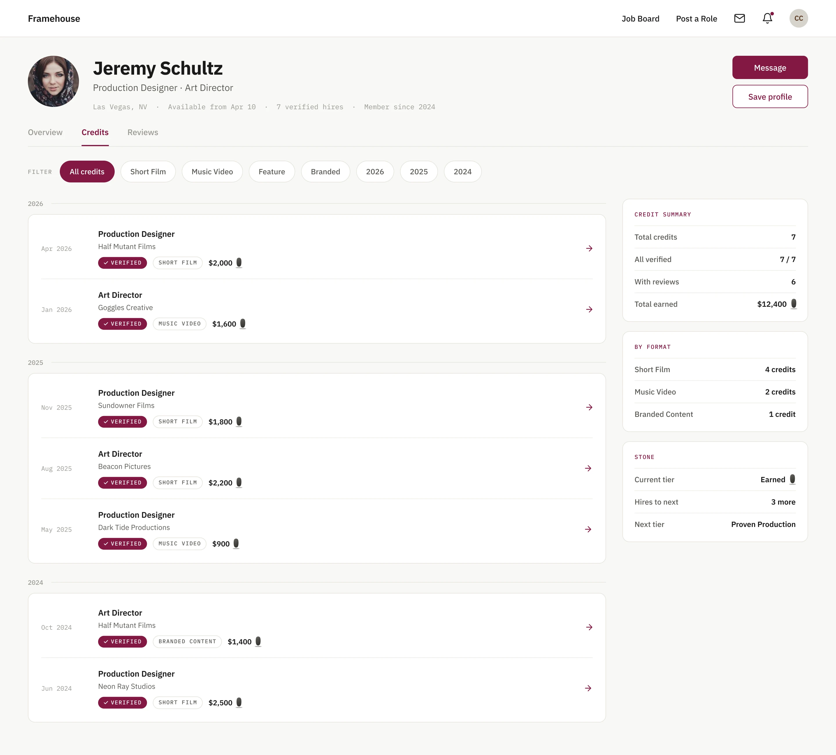 A creative profile credits tab, listing confirmed credits with productions, roles and payment amounts