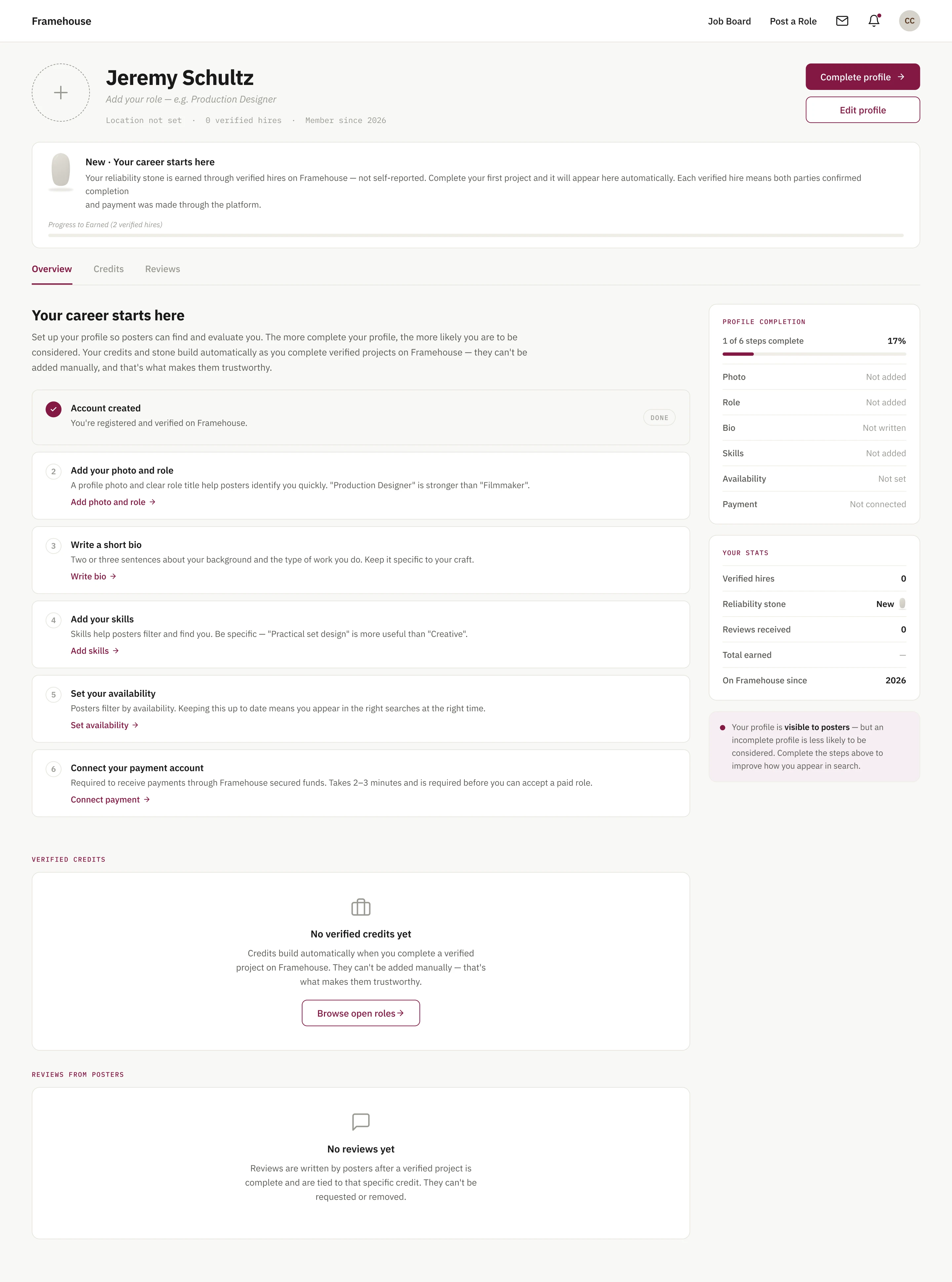 A creative profile with no verified hires yet, explaining what the person can do to become visible