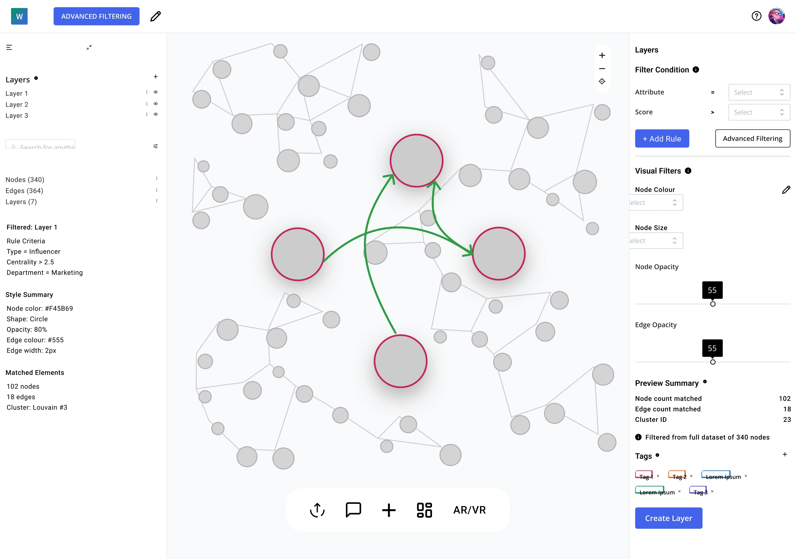 The advanced filtering panel showing rules and the count of matched nodes