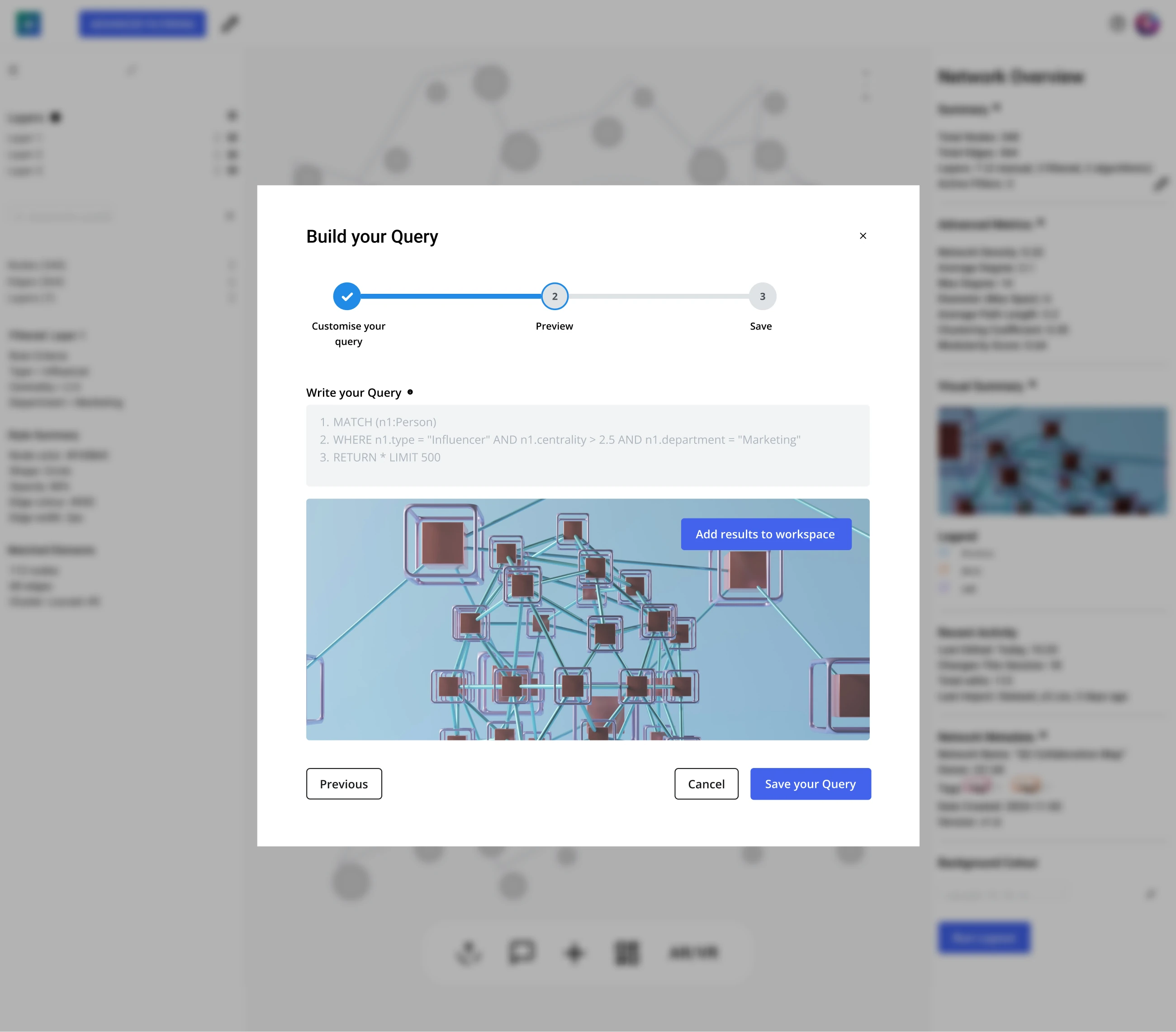 The query builder’s preview step showing the generated query and its result