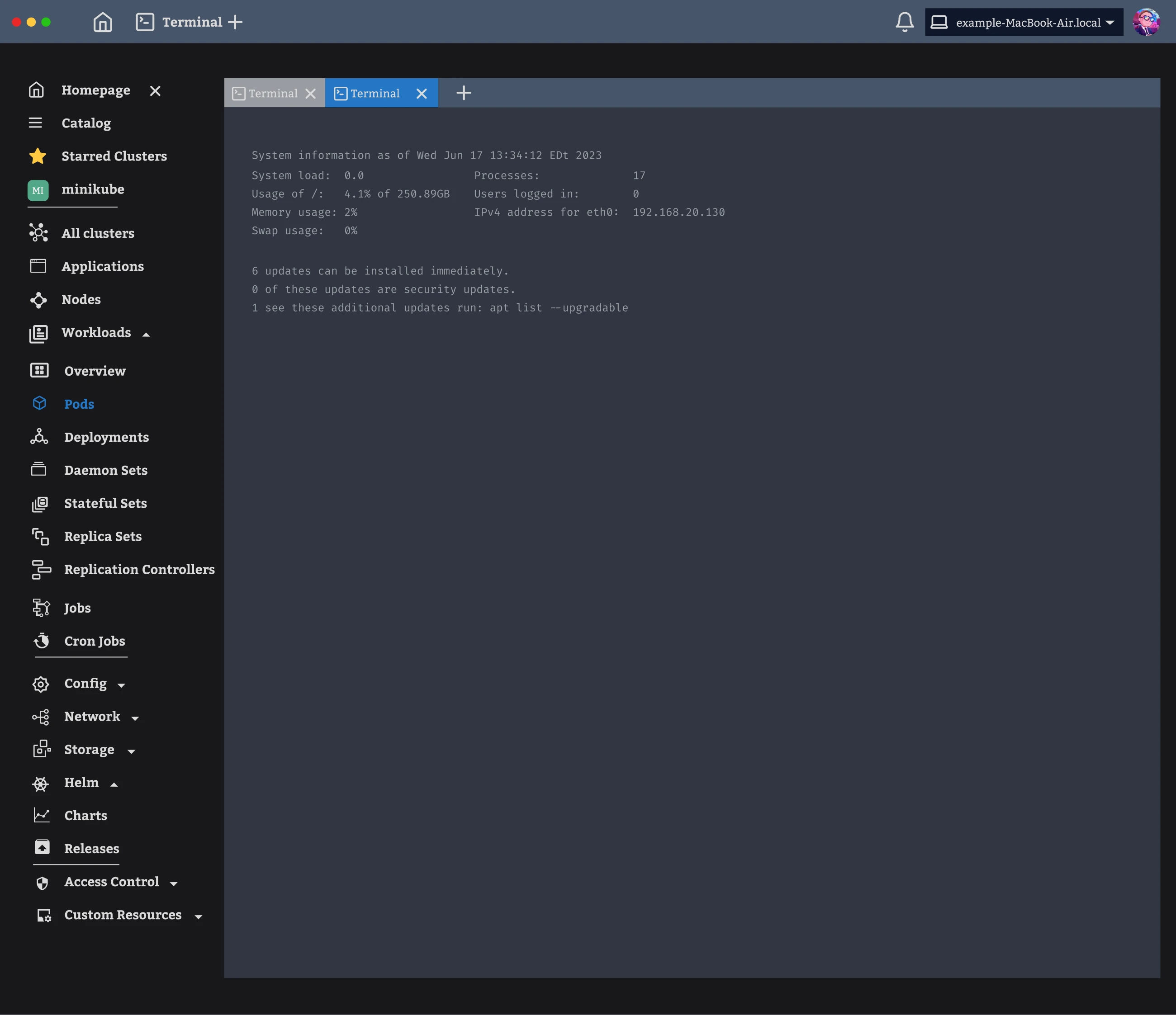 The terminal running as a separate window with two session tabs, and the resource tree still visible alongside