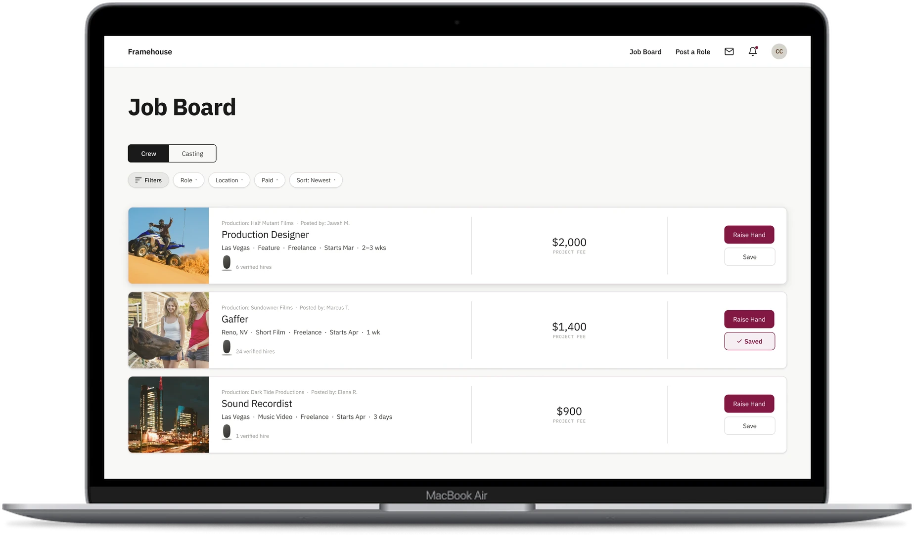 The Framehouse job board shown on a laptop, listing three paid roles with their fees