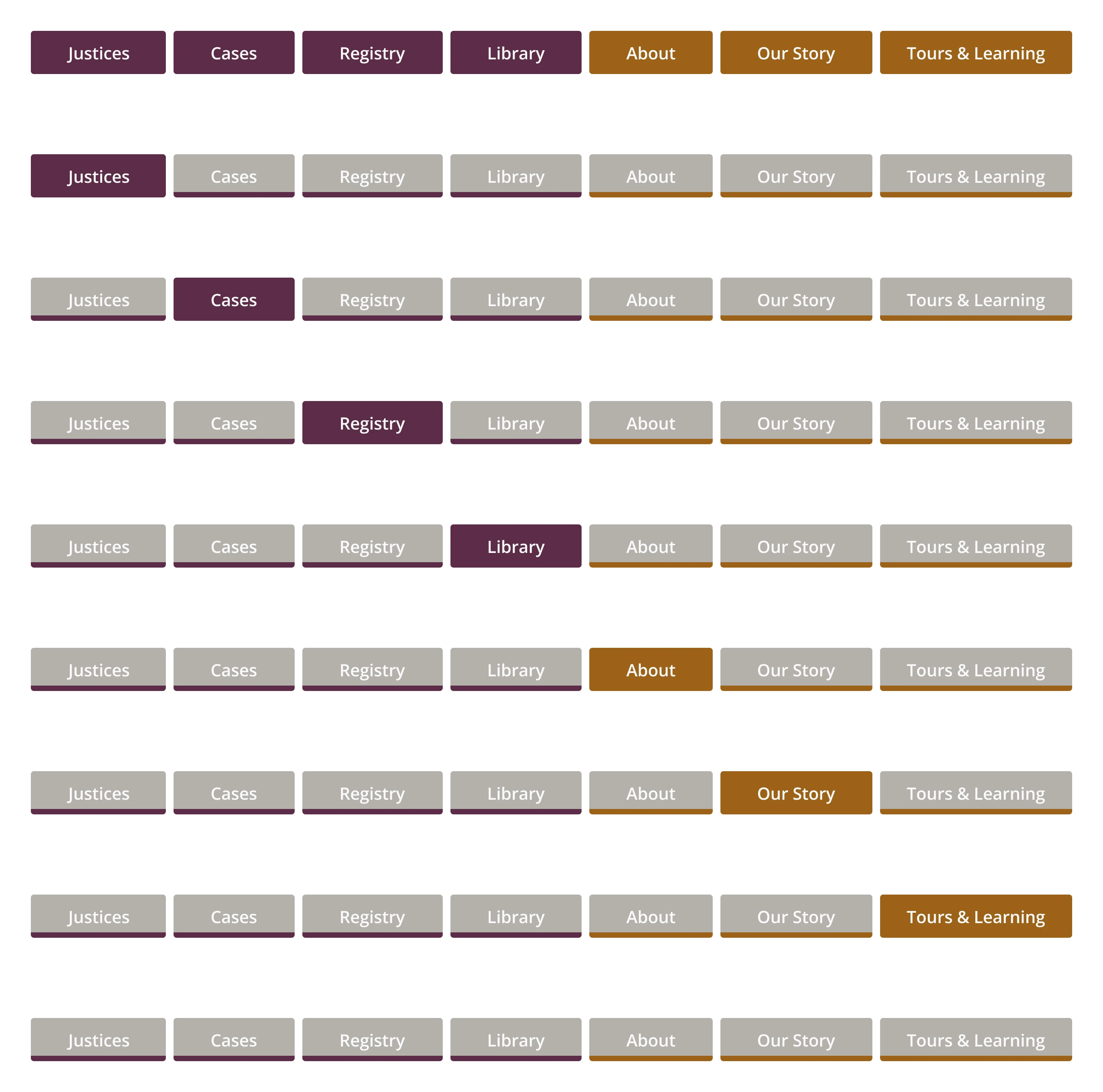 Nine states of the seven section tabs, including all sections filled and none active