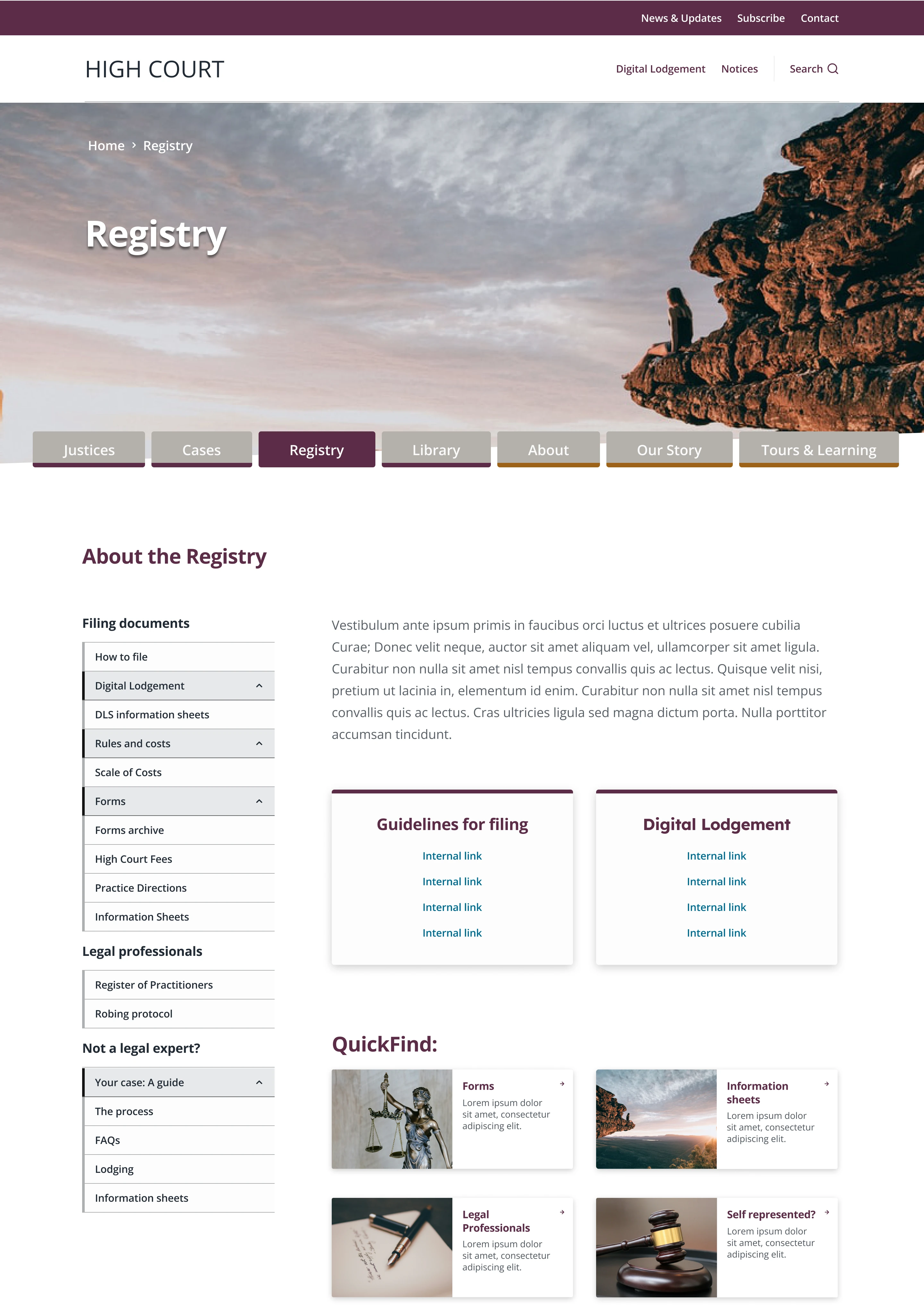 The Registry page with a breadcrumb, the page name on the hero image, the seven section tabs and an open side menu