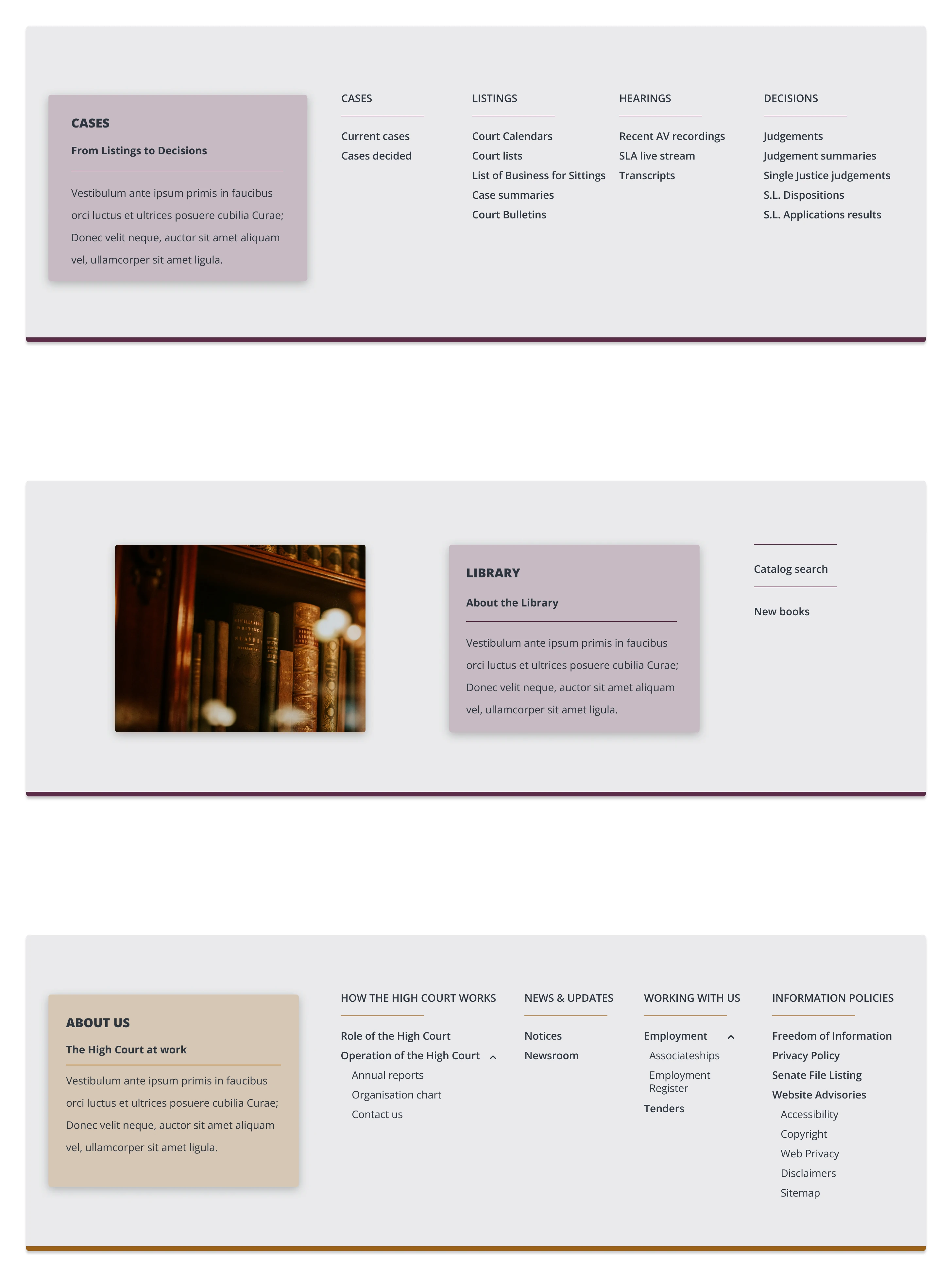 Three section menu panels, Cases and Library underlined in purple and About Us in gold