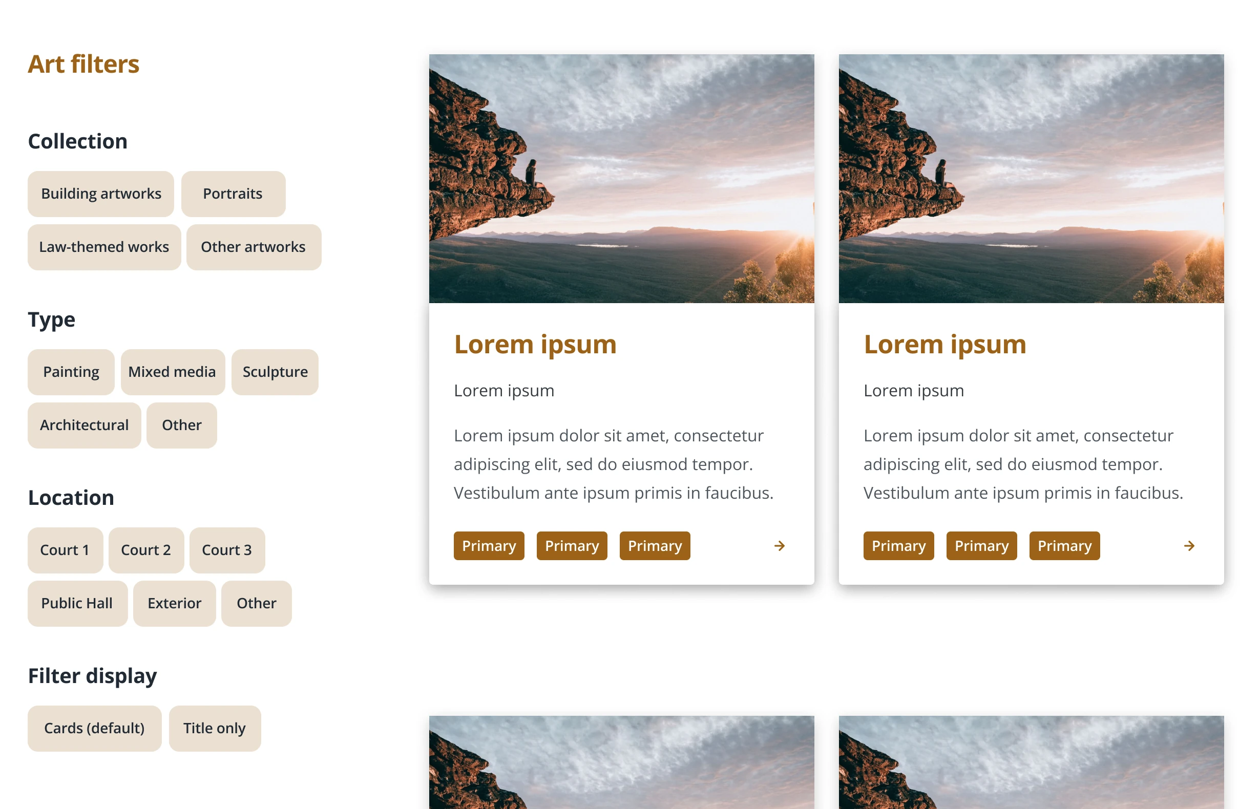 The art collection filter column, with Collection, Type, Location and Filter display groups beside a grid of artwork cards