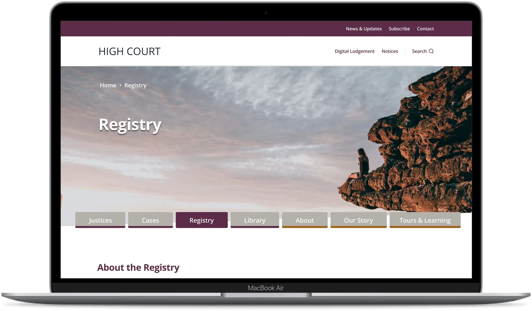The High Court Registry page shown on a laptop, with a breadcrumb, the page name and the seven section tabs, Registry active in purple