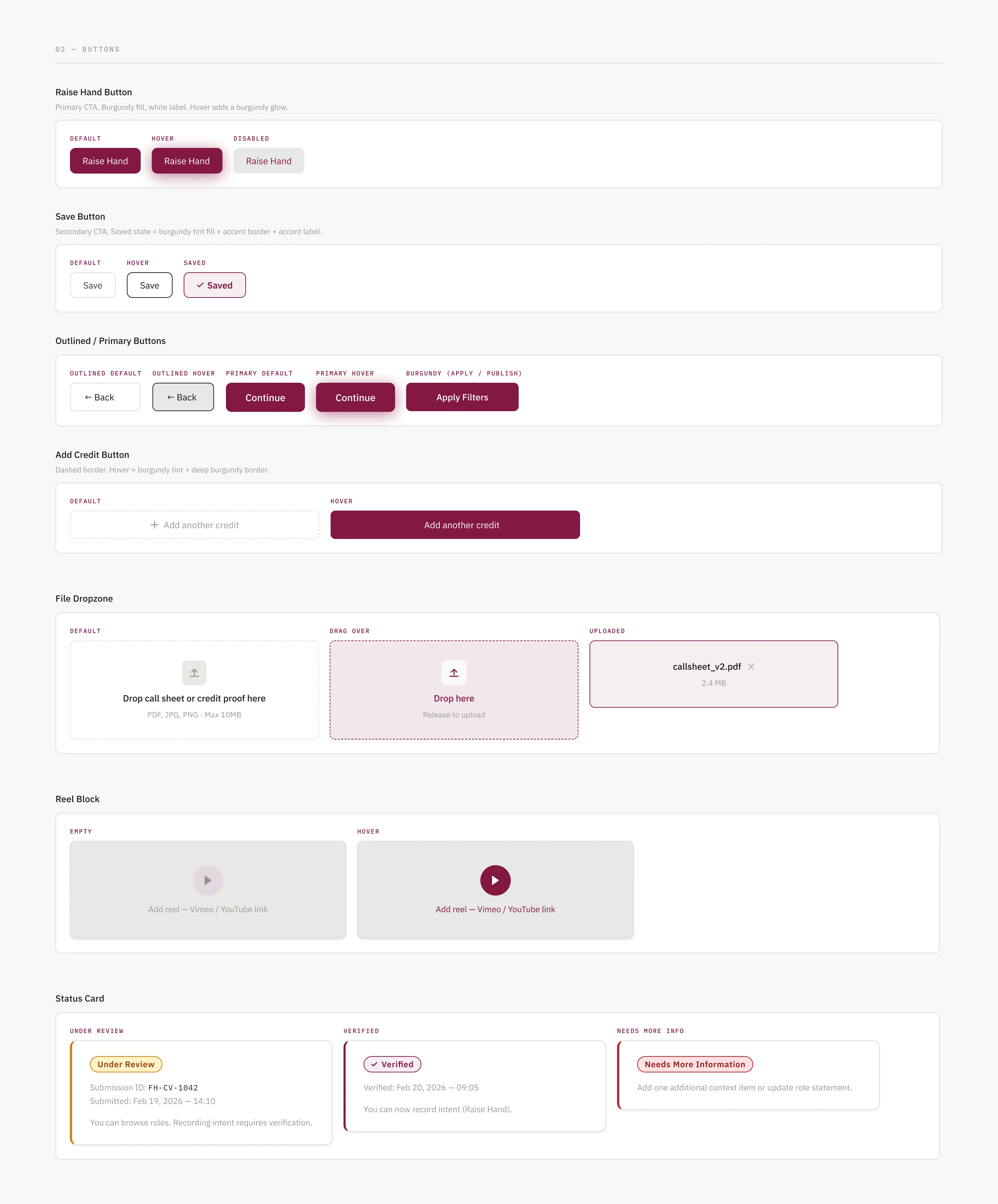 Component library extract showing button states, the reel block with its hover state, and verification status cards